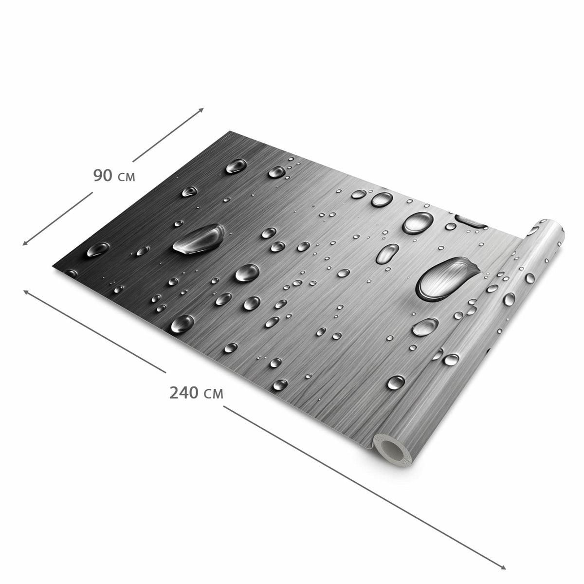 Zeitsparender Küchenteppich mit Motiv Wassertropfen auf Metall in der Grösse 60x180 cm