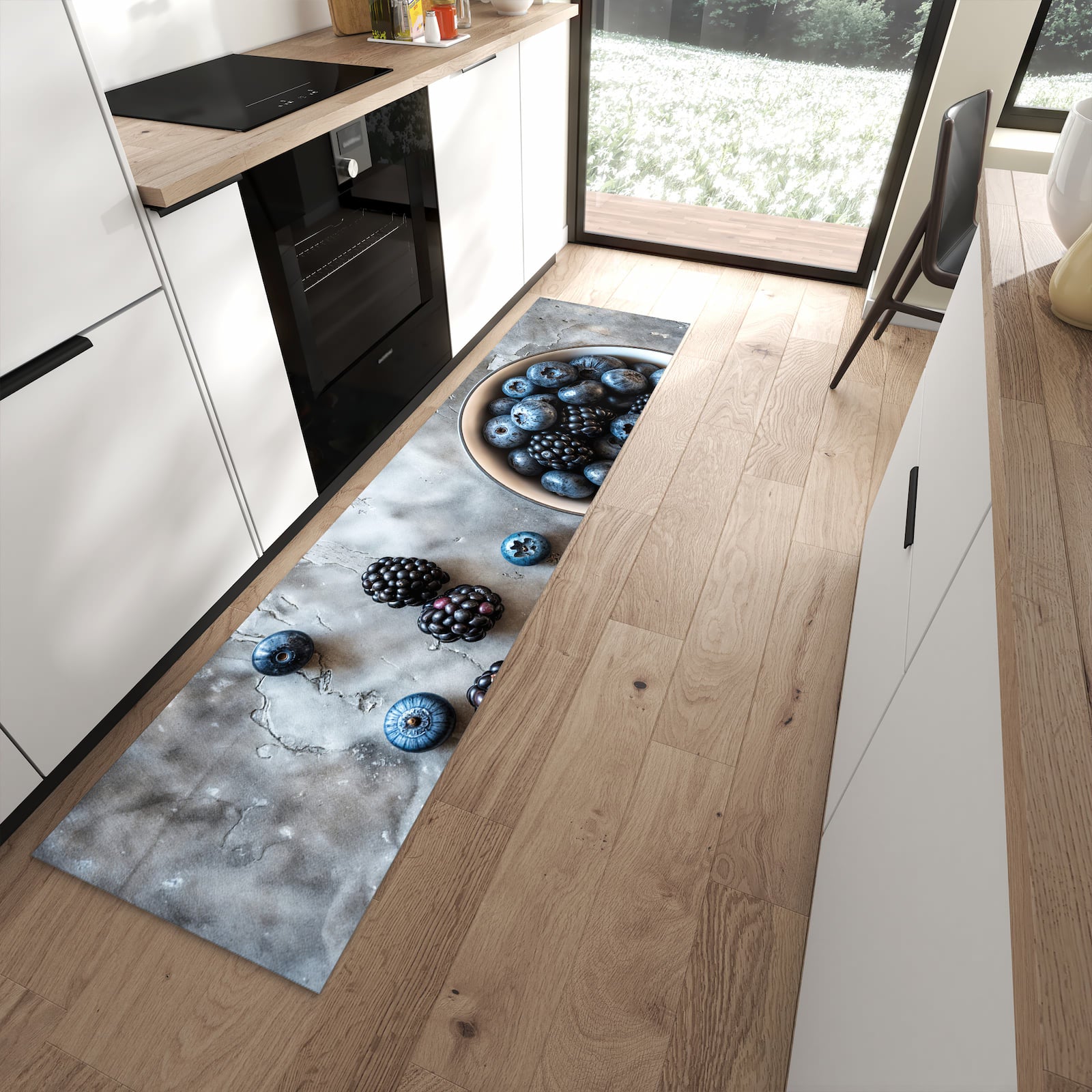 Pflegeleichter Teppich für die Küche mit Motiv Heidelbeeren Brombeeren in moderner Küche