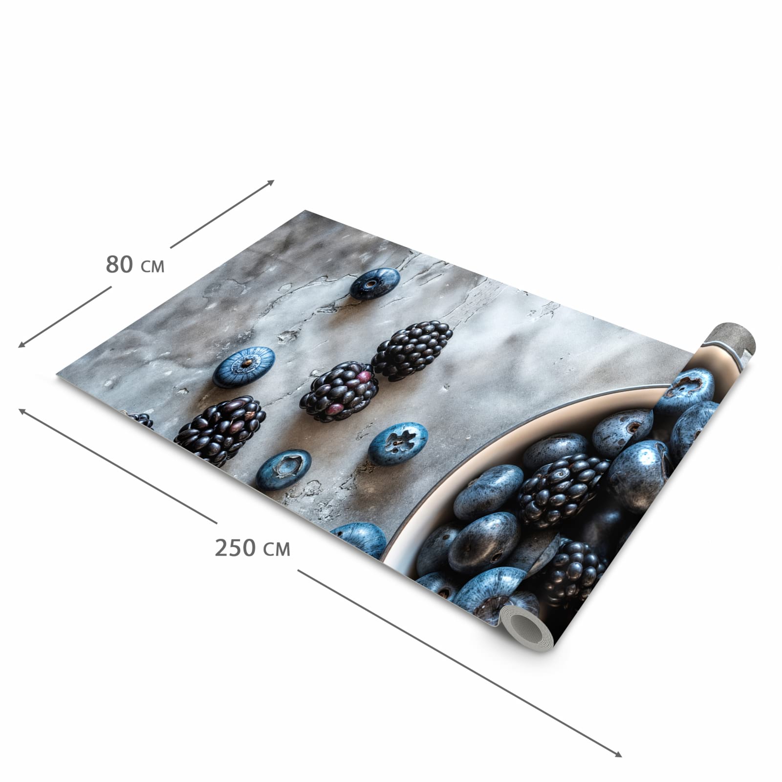 Pflegeleichter Küchenläufer mit Motiv Heidelbeeren Brombeeren in der Grösse 60x180 cm