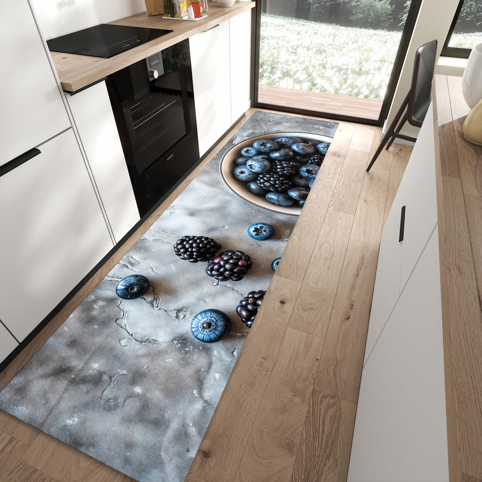 Waschbarer Küchenteppich mit Motiv Heidelbeeren Brombeeren in moderner Küche