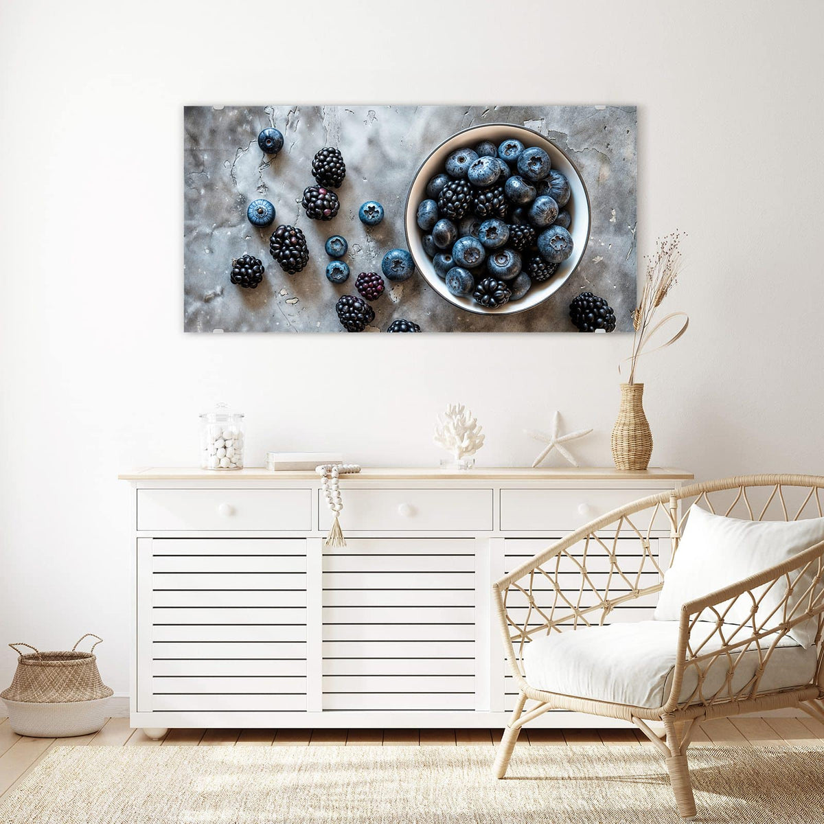 Echtglas, 4 mm – kein Acryl, keine Folie – Wandbild - Schale mit Blaubeeren - Querformat