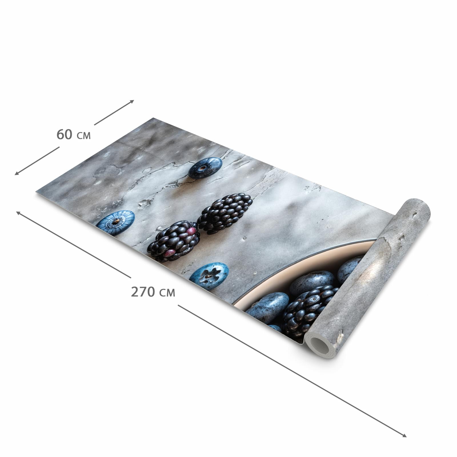 Schmutzabweisender waschbarer Küchenteppich mit Motiv Heidelbeeren Brombeeren in der Grösse 60x150 cm