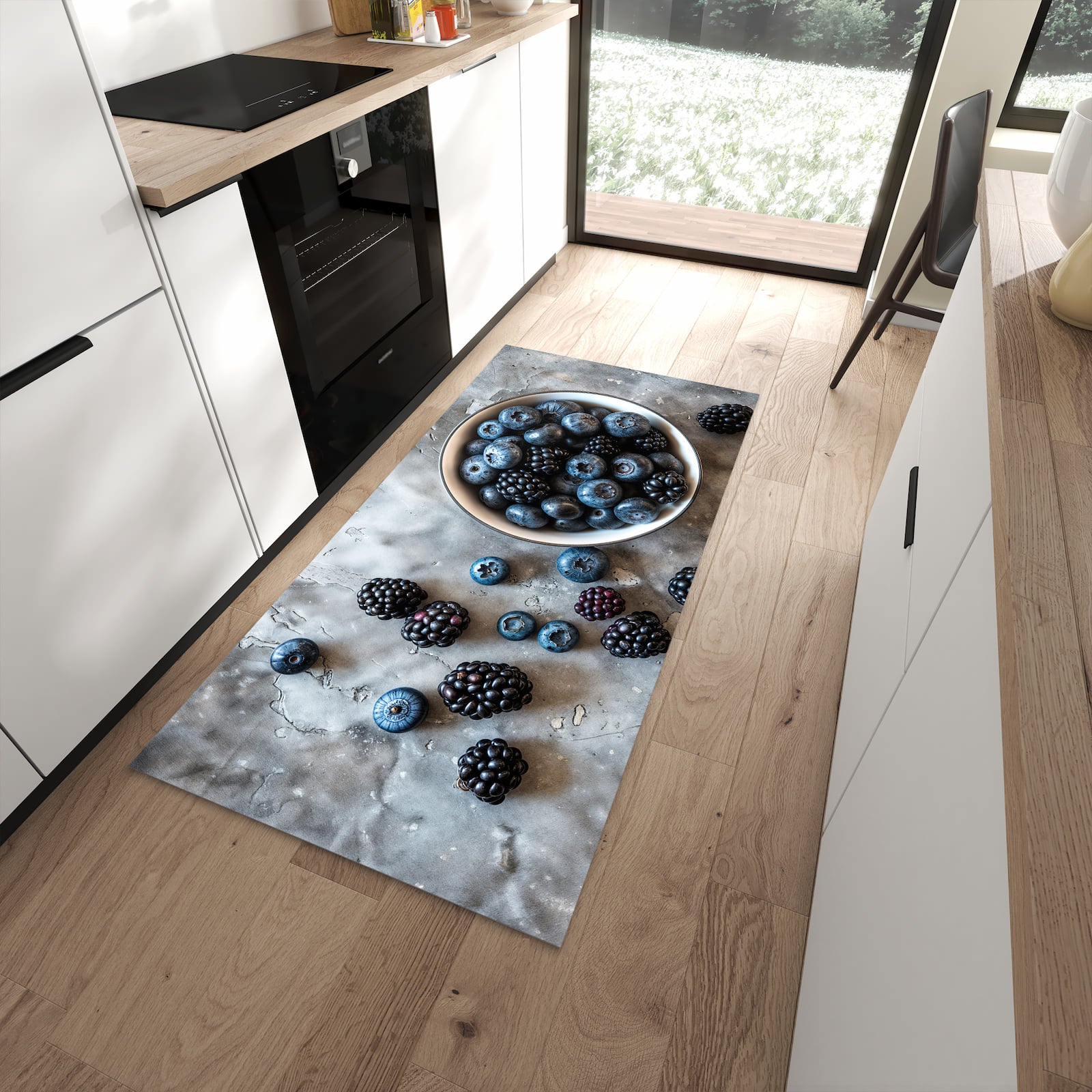 Langlebiger Küchenvorleger mit Motiv Heidelbeeren Brombeeren in moderner Küche