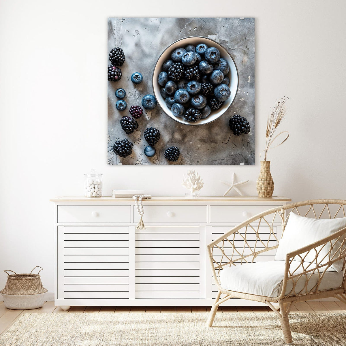 Echtglas, 4 mm – kein Acryl, keine Folie – Wandbild - Schale mit Blaubeeren - Quadratisch