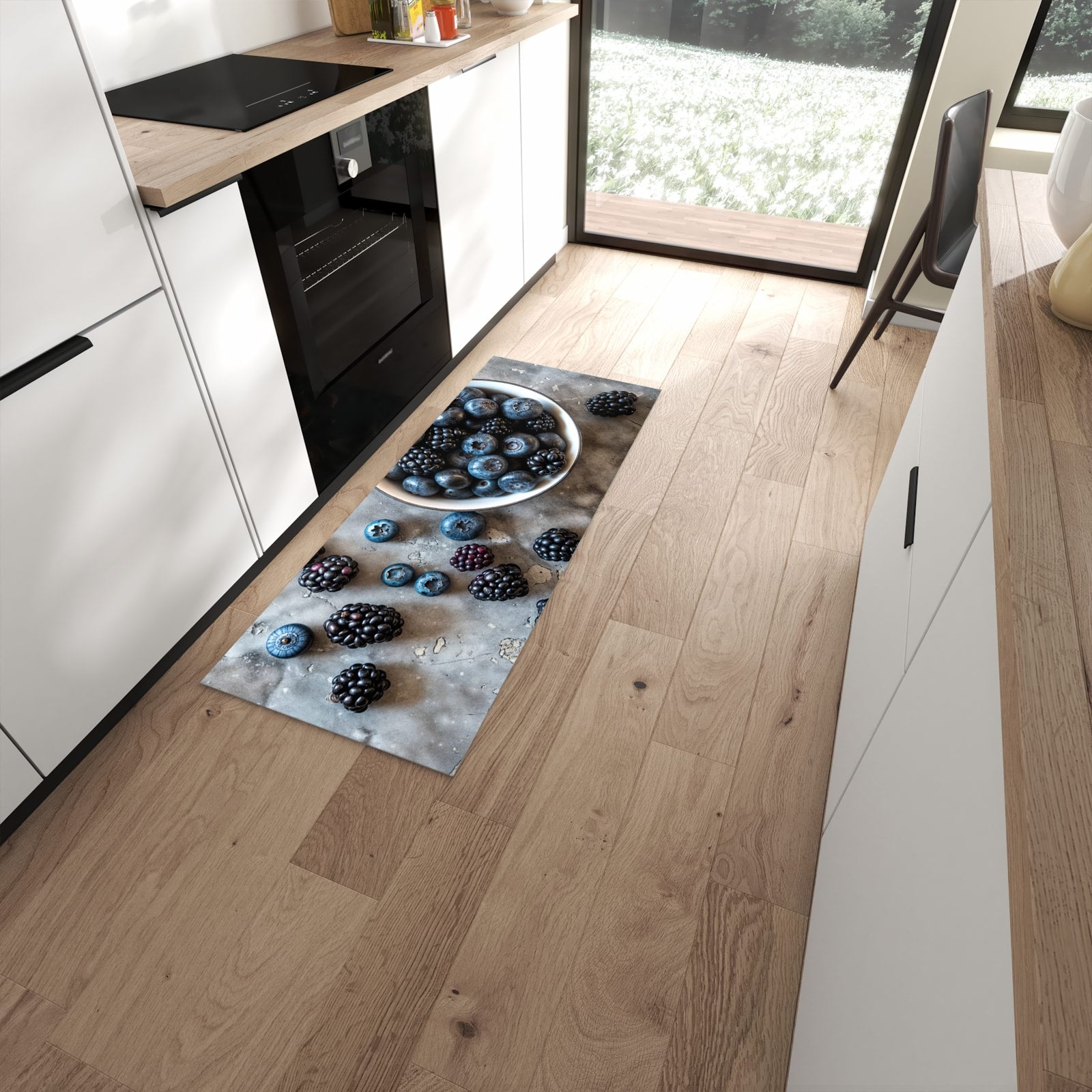 Langlebiger Küchenteppich mit Motiv Heidelbeeren Brombeeren in moderner Küche #grösse_60 x 150 cm