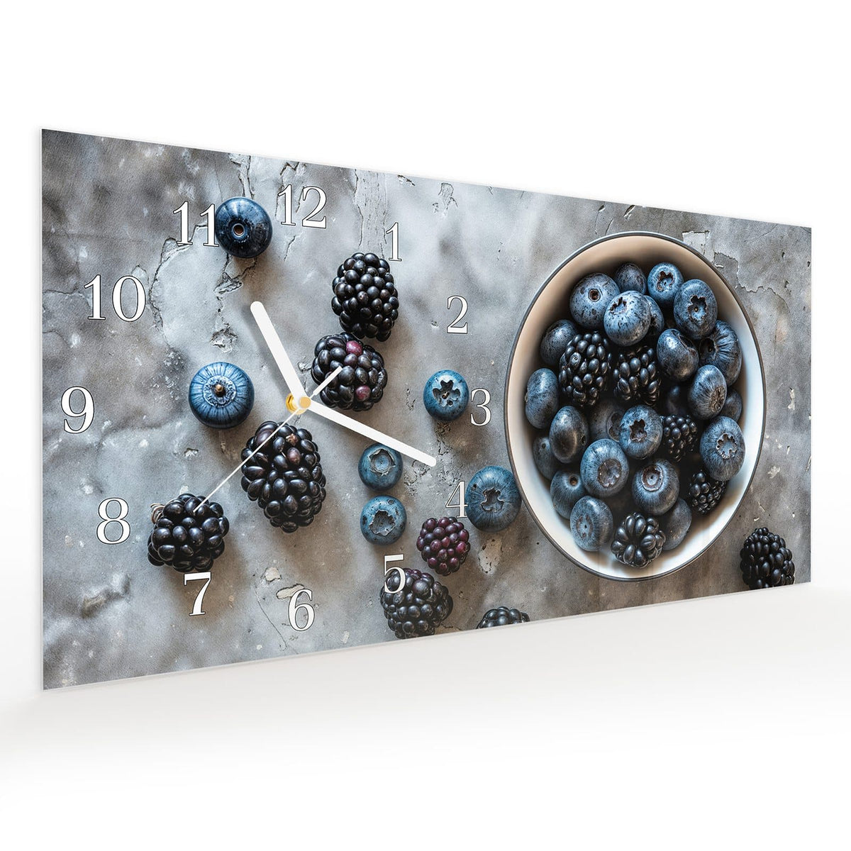 Vormontiert – mit Schwebeeffekt – Wanduhr Heidelbeeren Brombeeren aus Glas – Querformat 60 × 30 cm