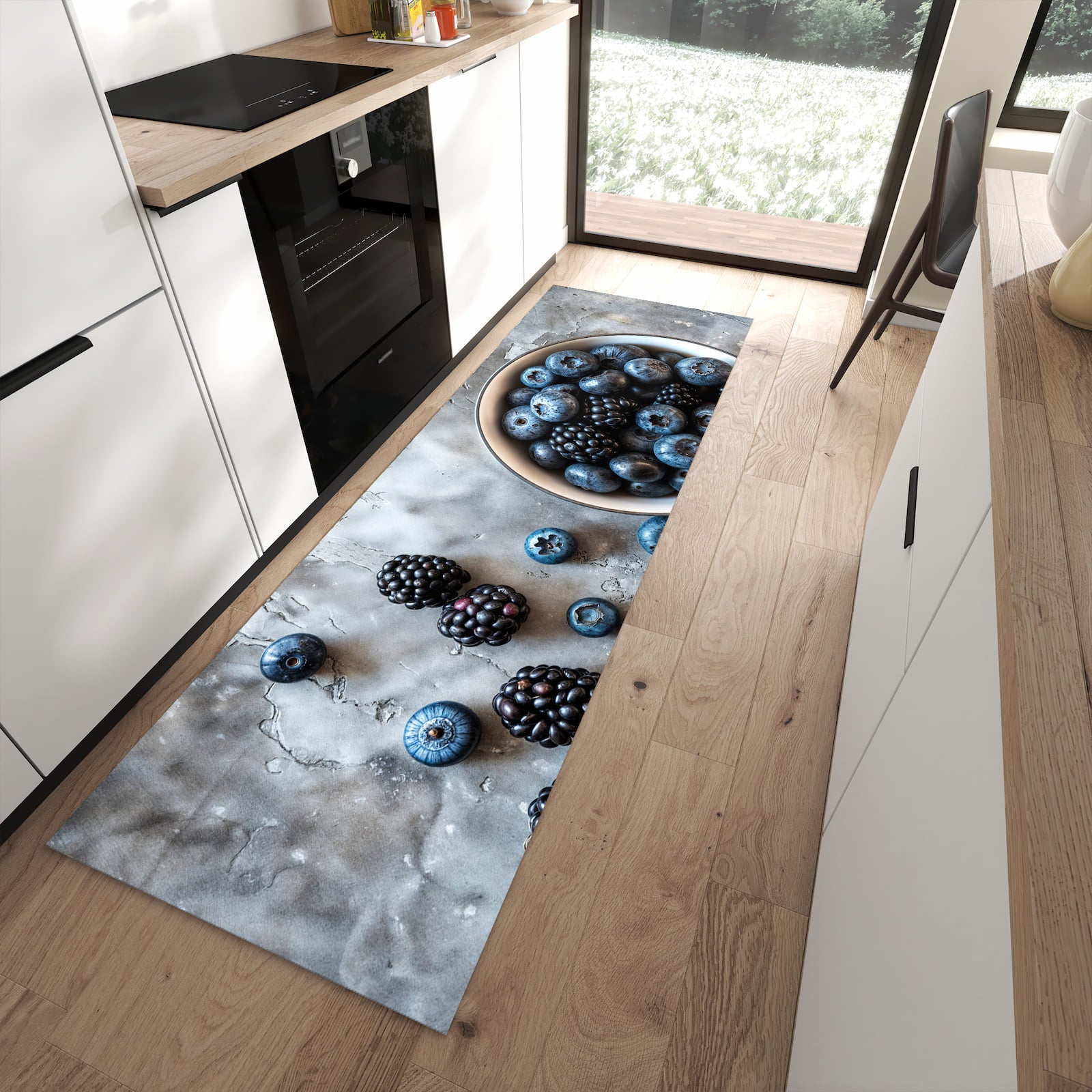 Hygienischer Läufer für die Küche mit Motiv Heidelbeeren Brombeeren in moderner Küche