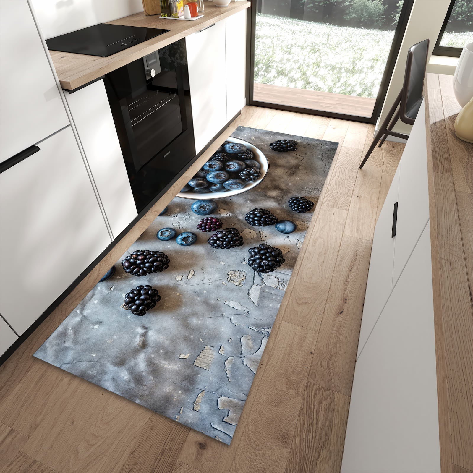 Rutschfester waschbarer Küchenteppich mit Motiv Heidelbeeren Brombeeren in moderner Küche