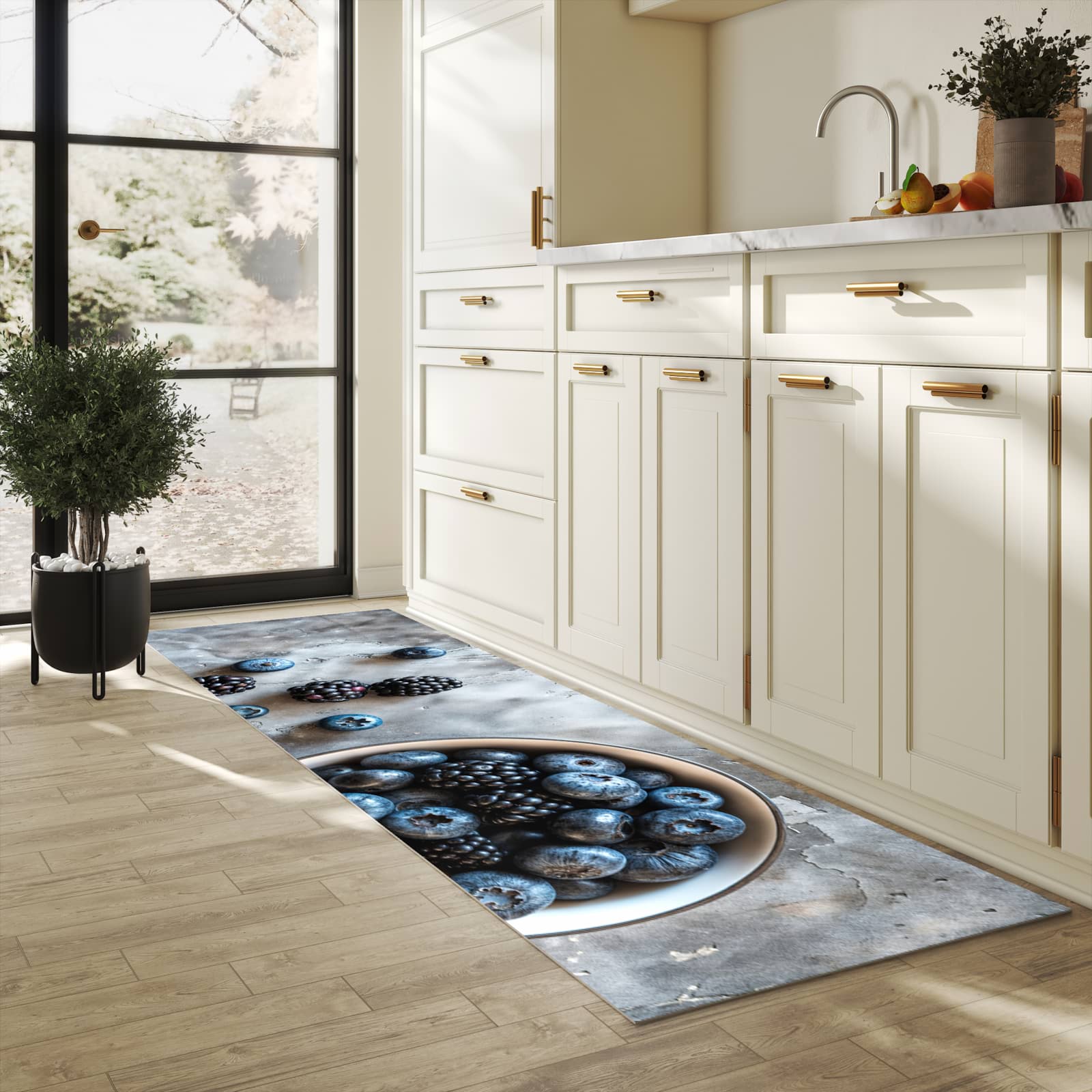 Bodenschonender Küchenteppich mit Motiv Heidelbeeren Brombeeren in heller Küche