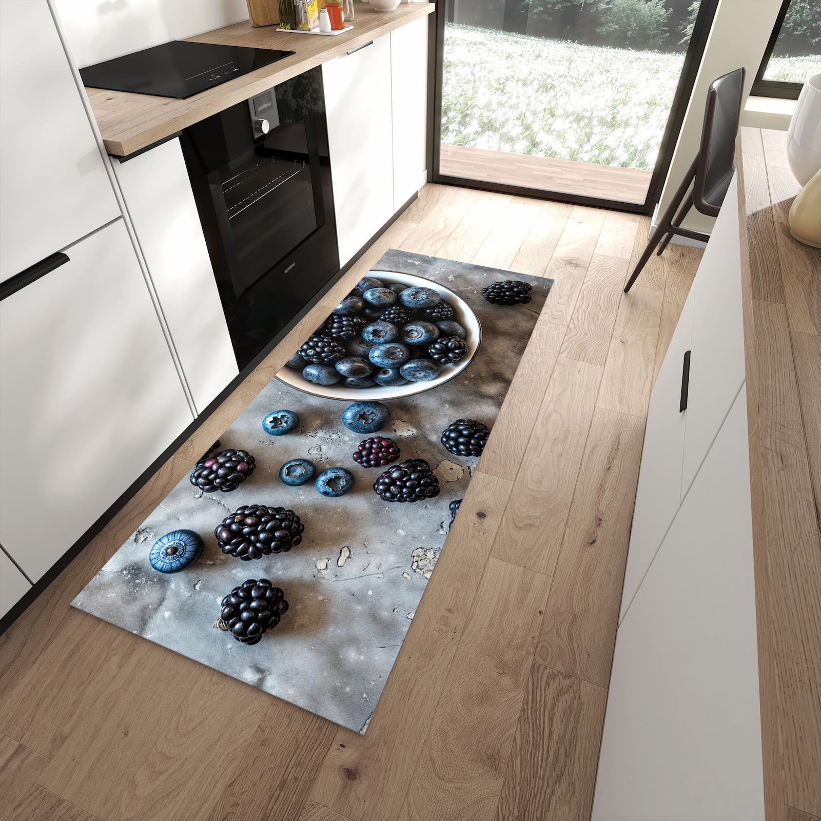 Küchenläufer mit Motiv Heidelbeeren Brombeeren für angenehme Haptik in moderner Küche