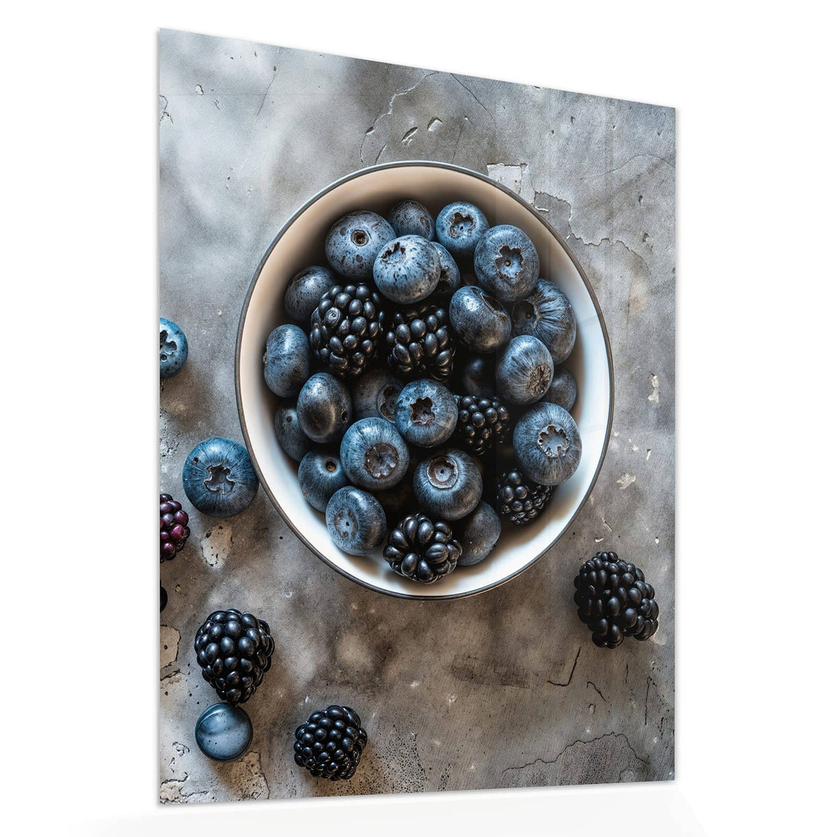 Echtglas, 4 mm – kein Acryl, keine Folie – Wandbild - Schale mit Blaubeeren - Hochformat
