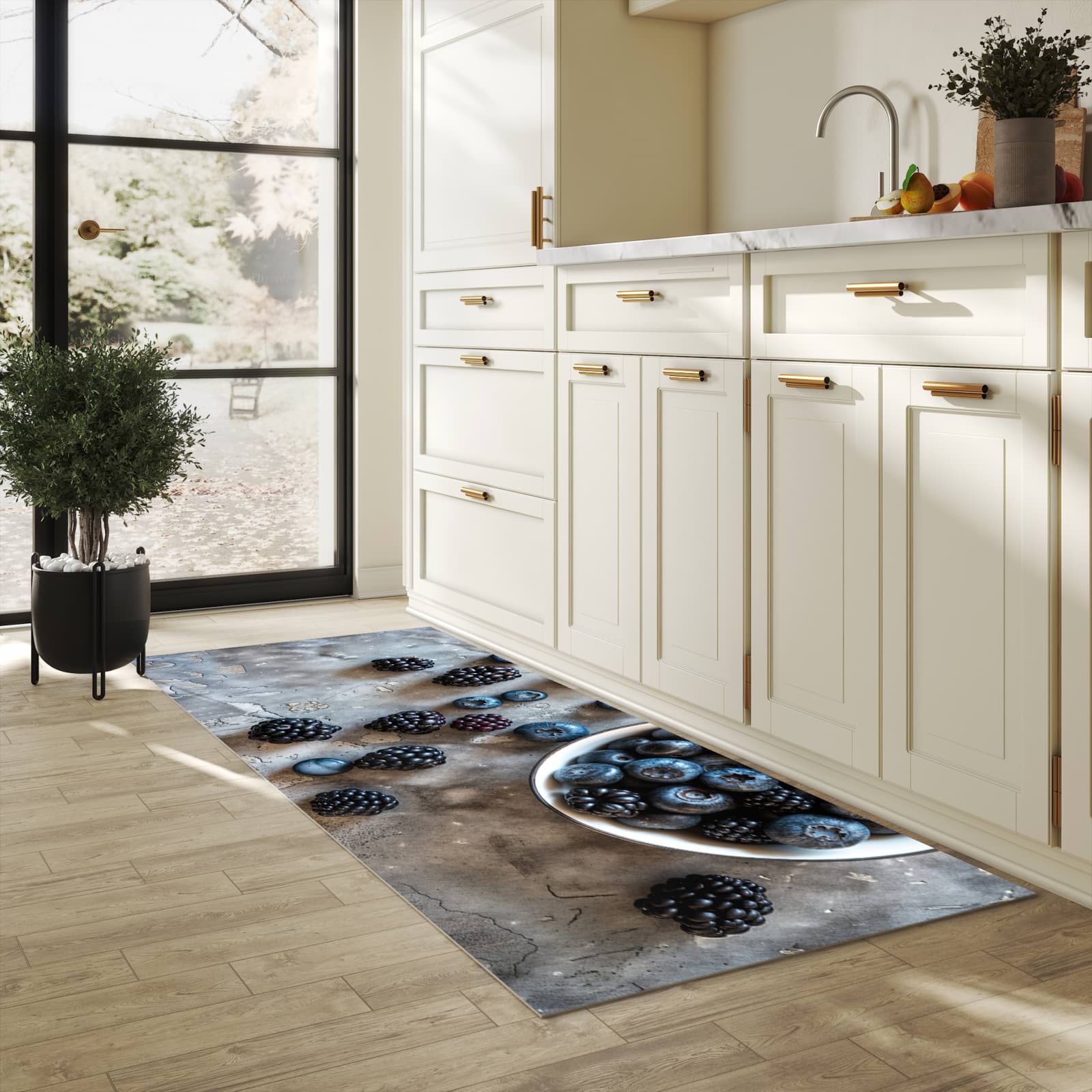 Farbbeständiger Küchenteppich mit Motiv Heidelbeeren Brombeeren in heller Küche