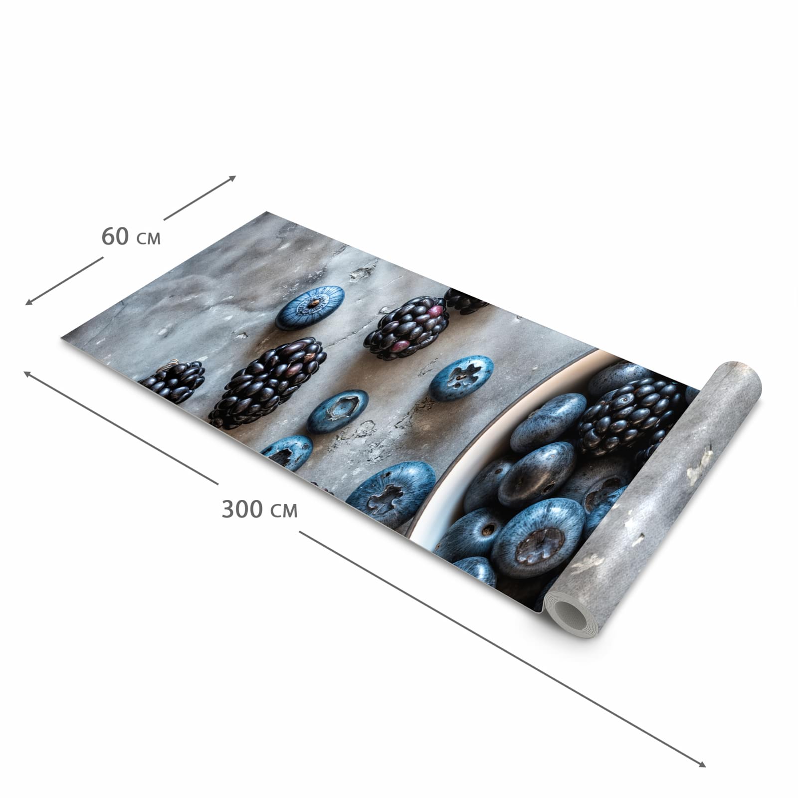 Geruchsneutraler großer Küchenteppich mit Motiv Heidelbeeren Brombeeren in der Größe 60x150 cm