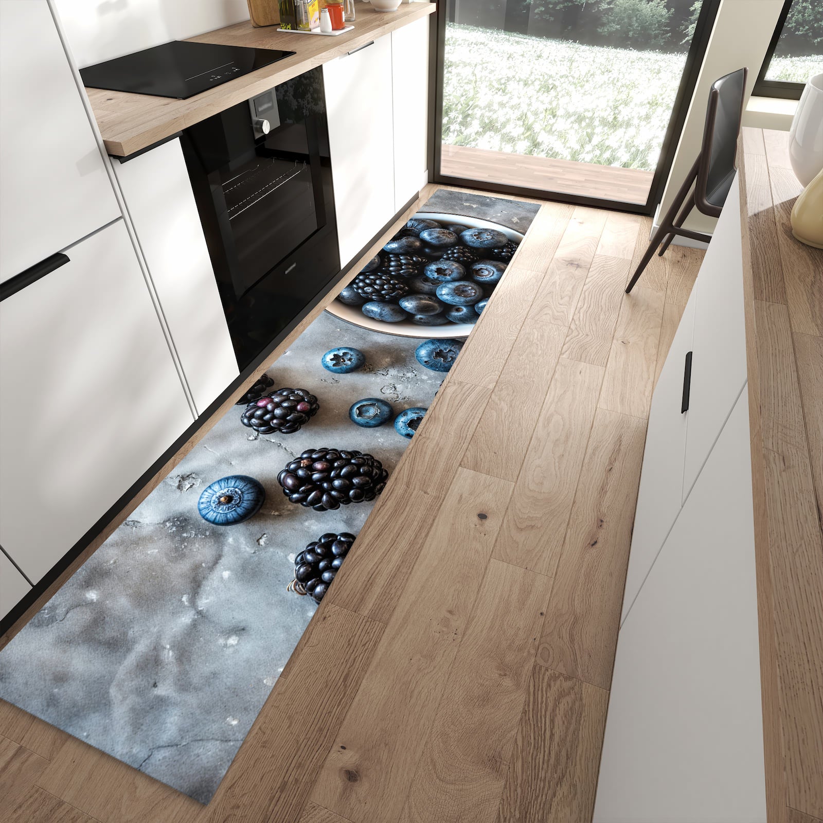 Rutschfester Küchenteppich mit Motiv Heidelbeeren Brombeeren in moderner Küche