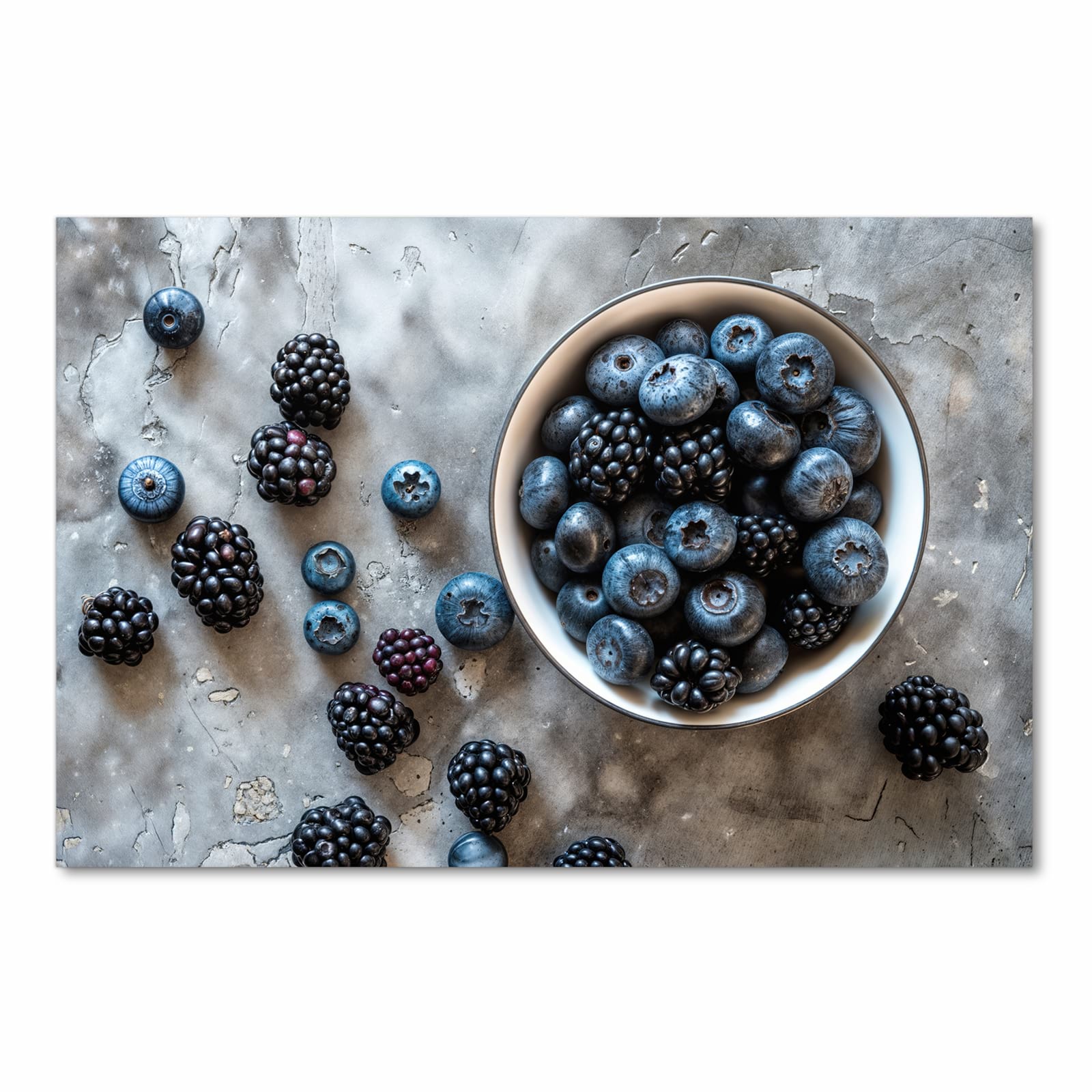 Farbbeständiger dünner Küchenteppich mit Motiv Heidelbeeren Brombeeren in Frontansicht, waschbar