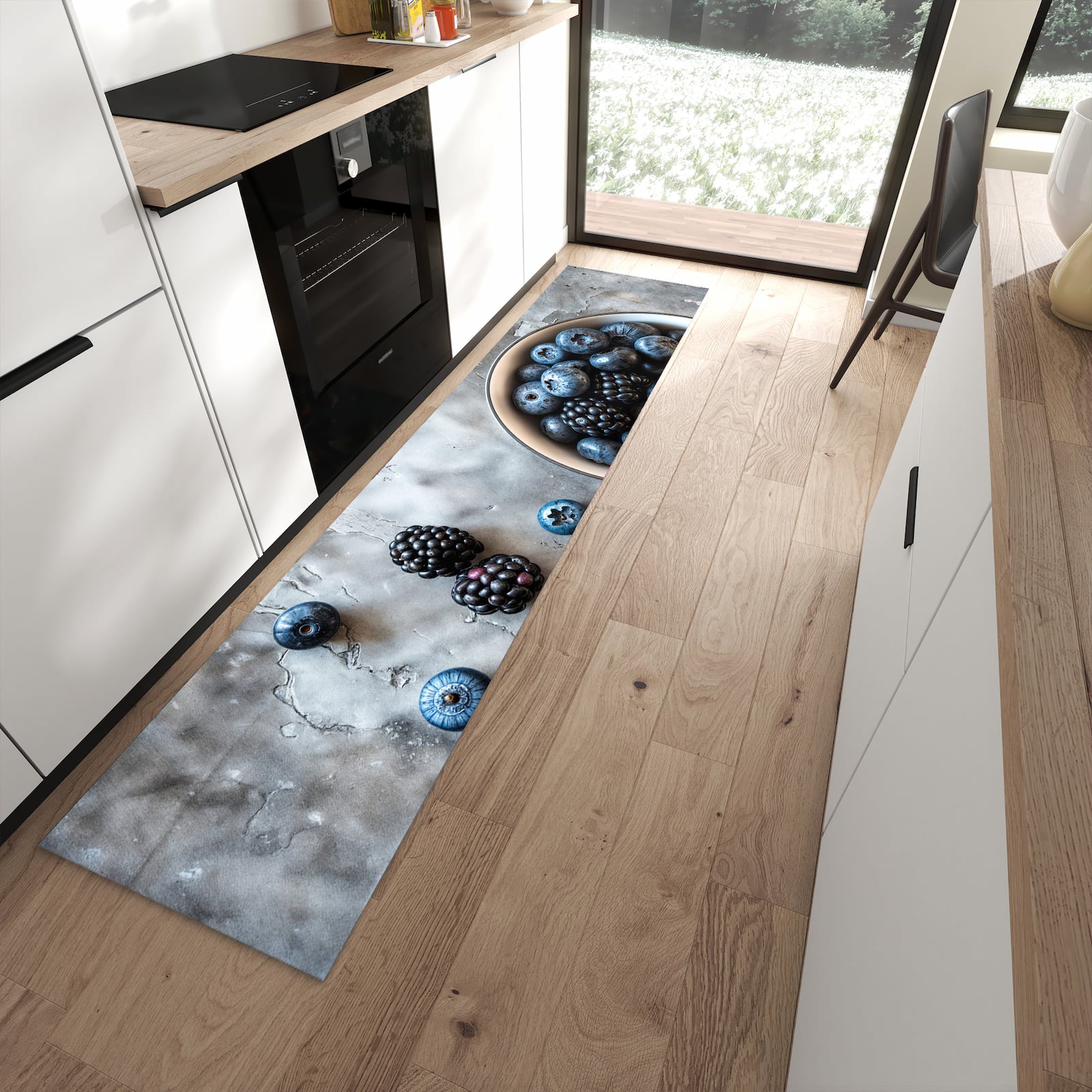Komfortabler Küchenteppich mit Motiv Heidelbeeren Brombeeren in moderner Küche