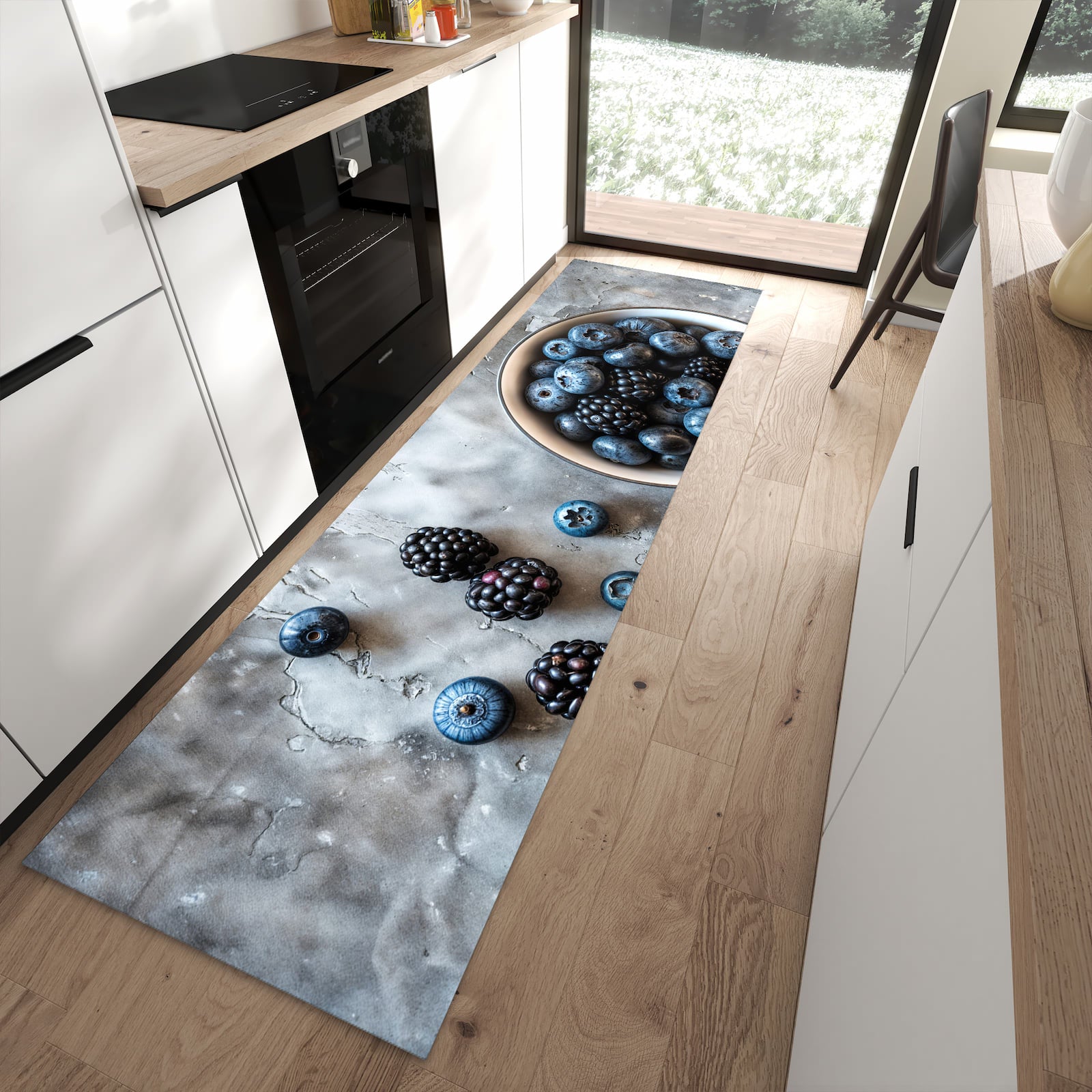 Strapazierfähiger Küchenläufer mit Motiv Heidelbeeren Brombeeren in moderner Küche