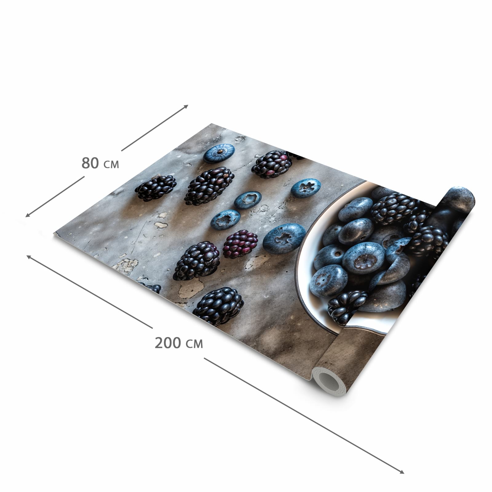 Flacher Küchenteppich mit Motiv Heidelbeeren Brombeeren in der Grösse 60x150 cm, waschbar