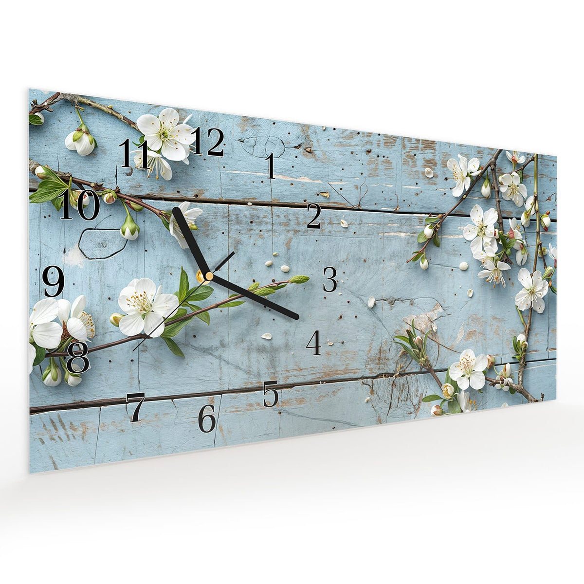 Vormontiert – mit Schwebeeffekt – Wanduhr Frühlingszweige aus Glas – Querformat 60 × 30 cm