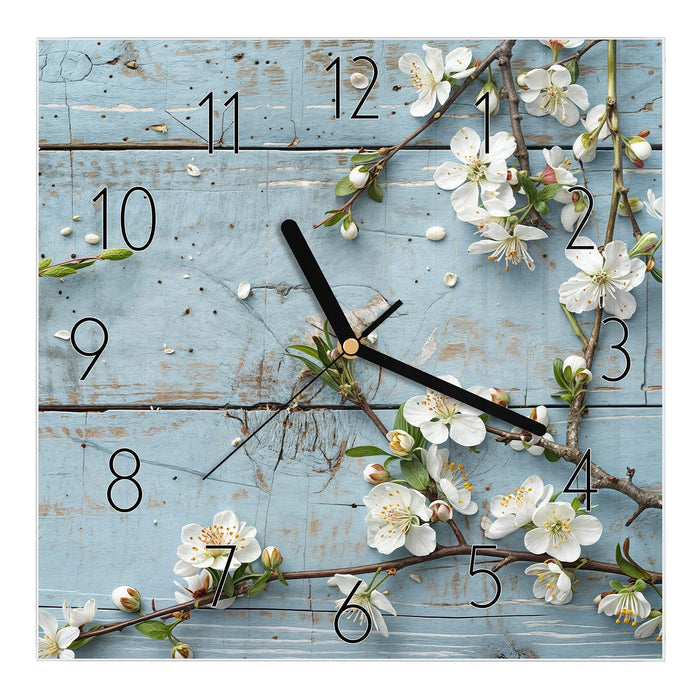 Wanduhr Frühlingszweige aus Glas – Quadratisch 30 × 30 cm mit Ziffernblatt Elegant