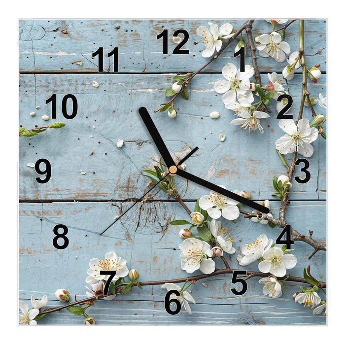 Wanduhr Frühlingszweige aus Glas – Quadratisch 30 × 30 cm mit Ziffernblatt Modern