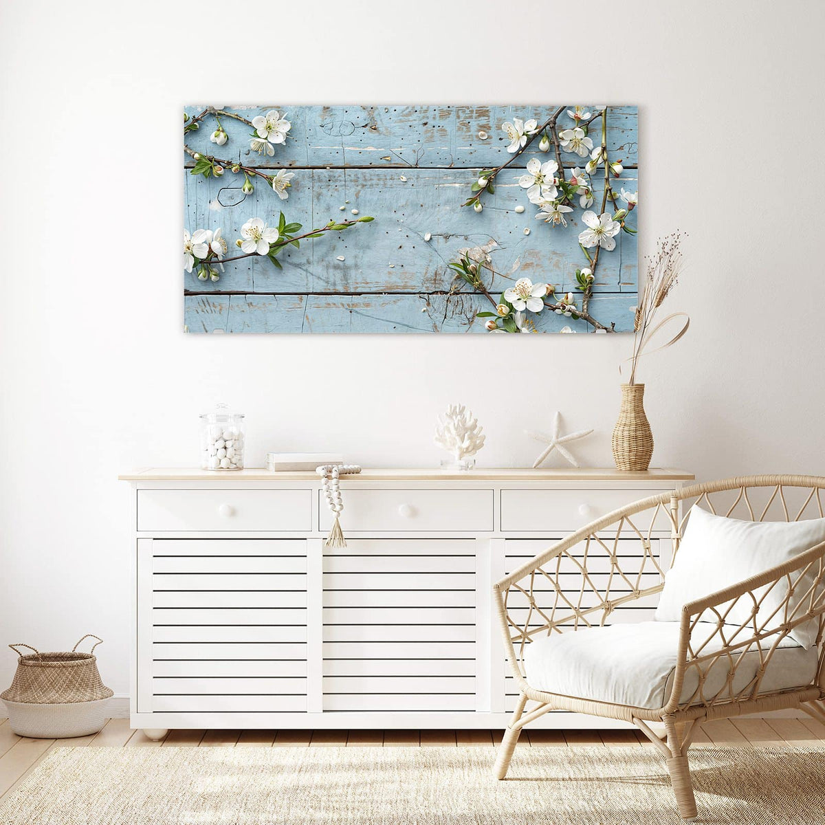 Echtglas, 4 mm – kein Acryl, keine Folie – Wandbild - Blüten auf blauem Holz - Querformat