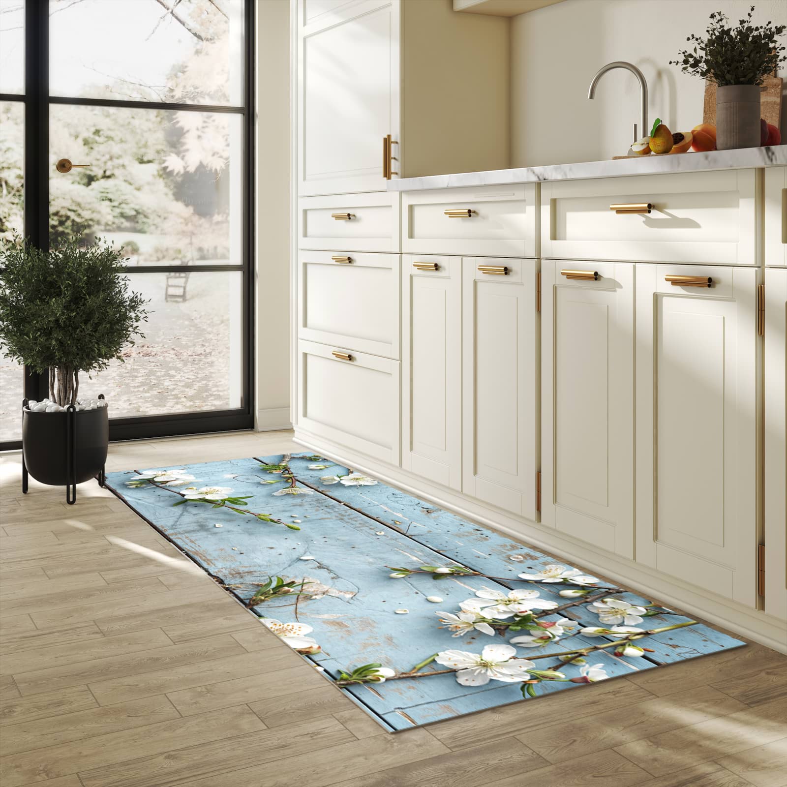 Komfortabler rutschfester Küchenläufer mit Motiv Frühlingszweige in heller Küche