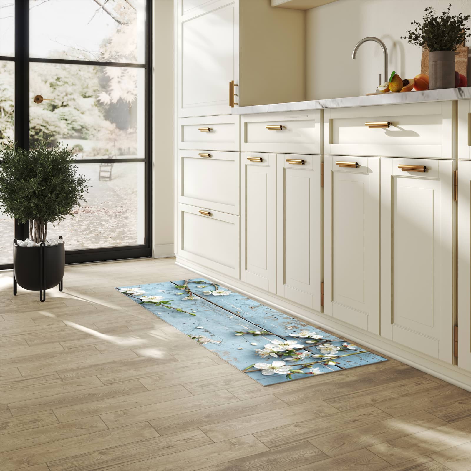 Abriebfester großer Küchenteppich mit Motiv Frühlingszweige in heller Küche