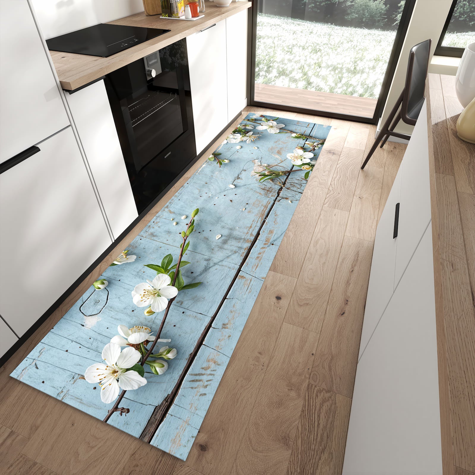 Komfortabler Küchenläufer mit Motiv Frühlingszweige in moderner Küche