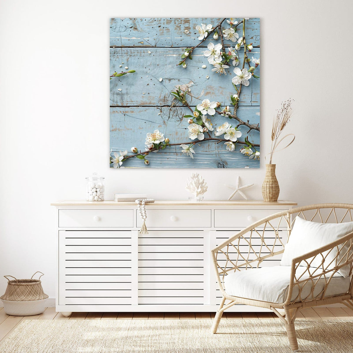 Echtglas, 4 mm – kein Acryl, keine Folie – Wandbild - Blüten auf blauem Holz - Quadratisch
