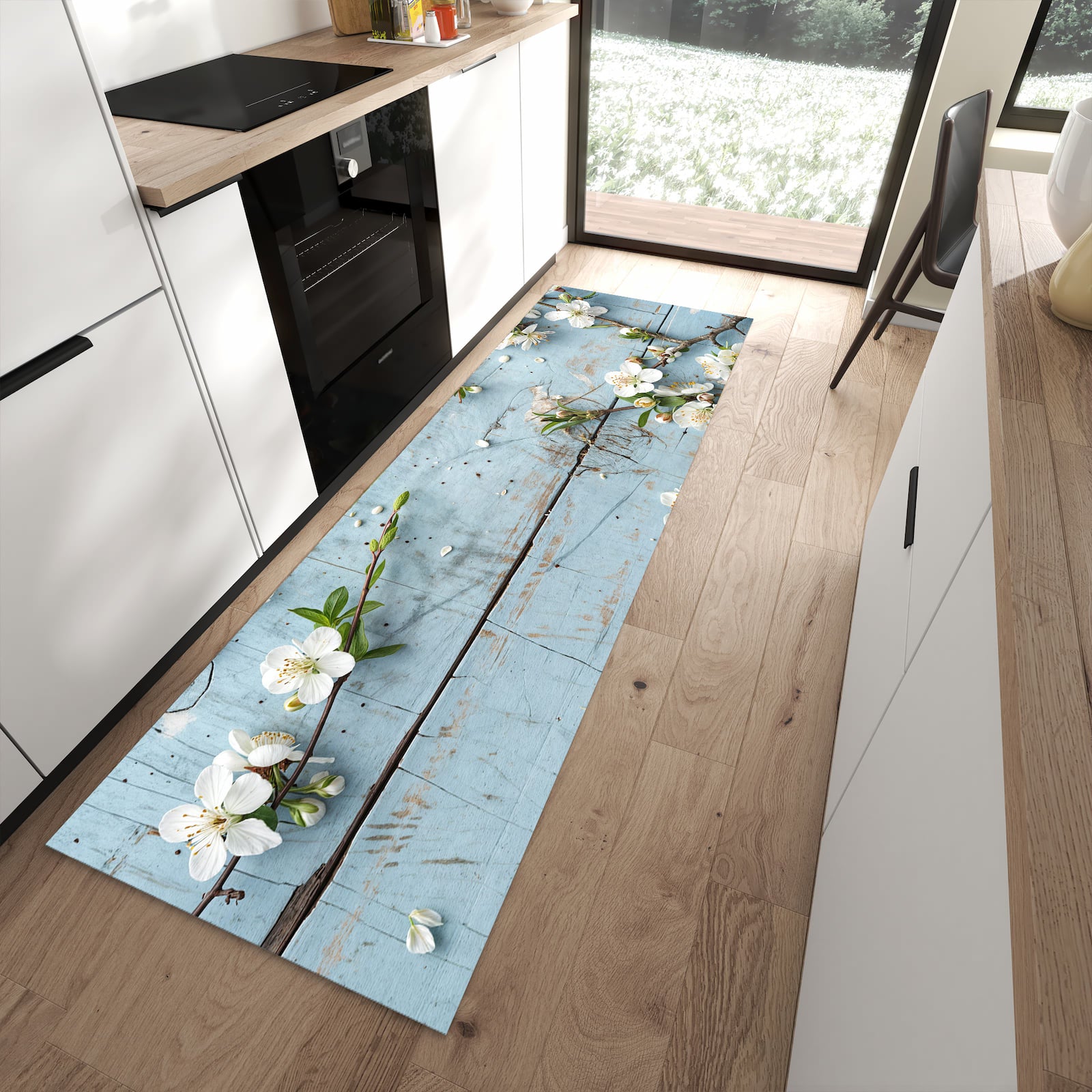 UV-beständiger Küchenläufer mit Motiv Frühlingszweige in moderner Küche - waschbar