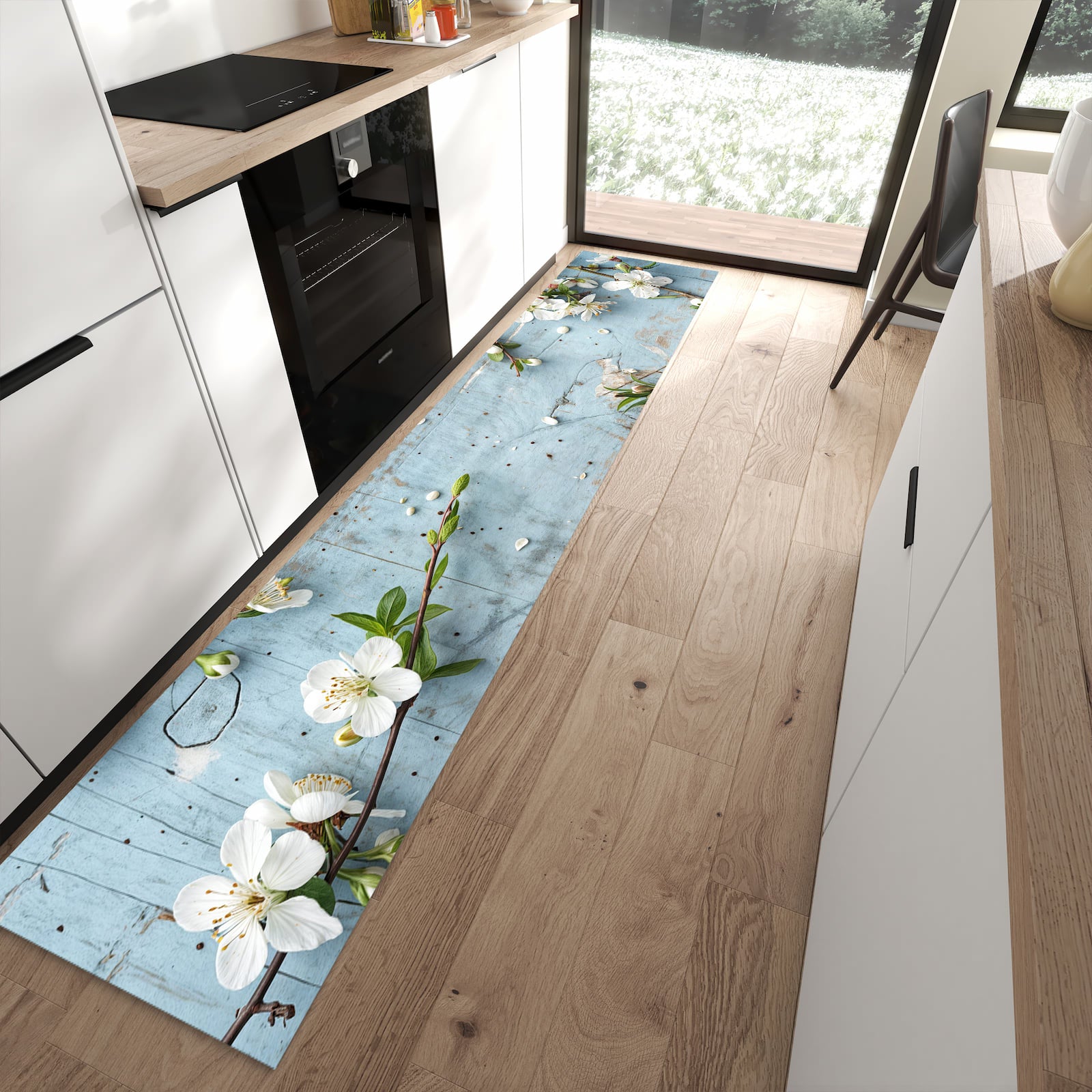 Zeitsparender rutschfester Küchenläufer mit Motiv Frühlingszweige in moderner Küche