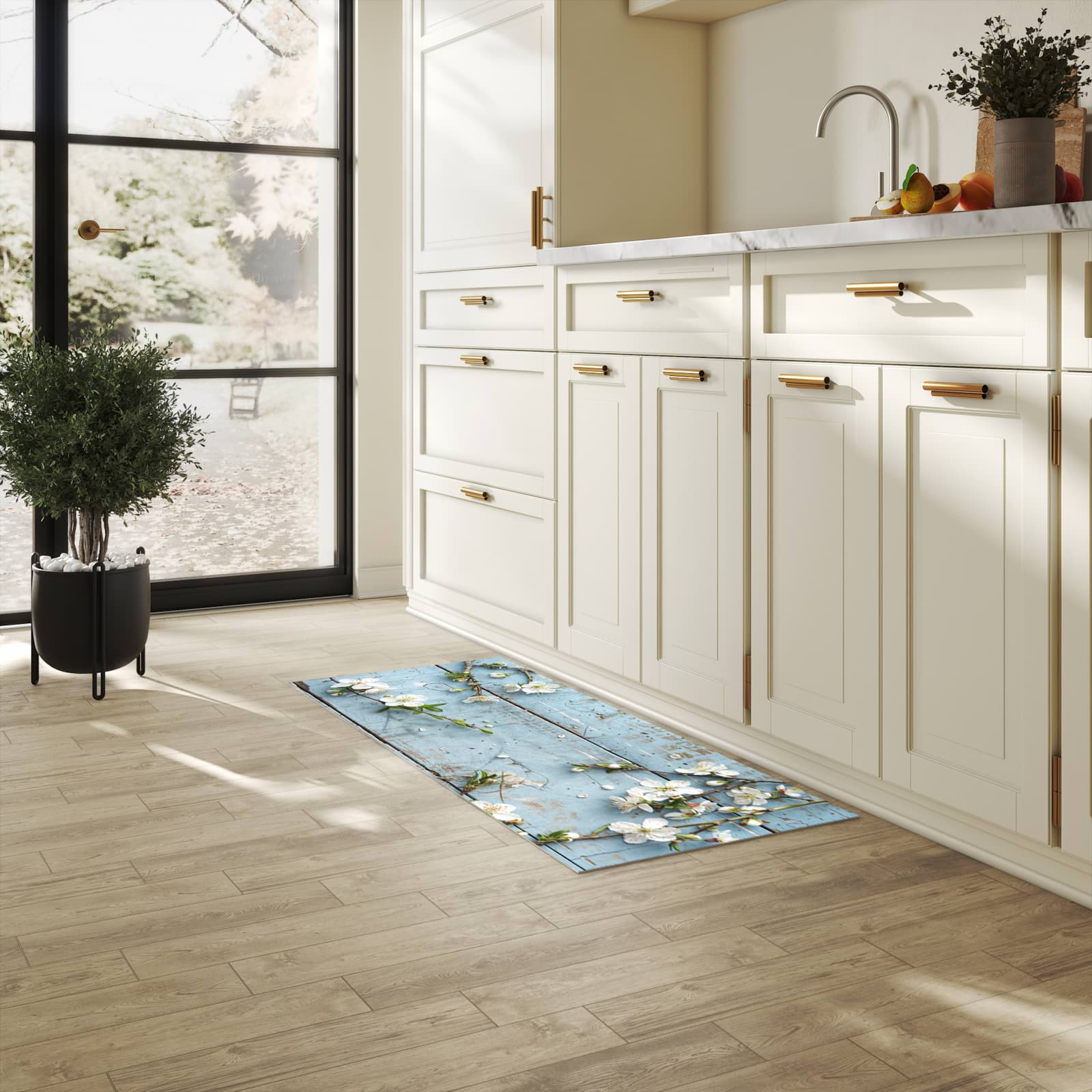 Geräuschdämpfender waschbarer Küchenteppich mit Motiv Frühlingszweige in heller Küche