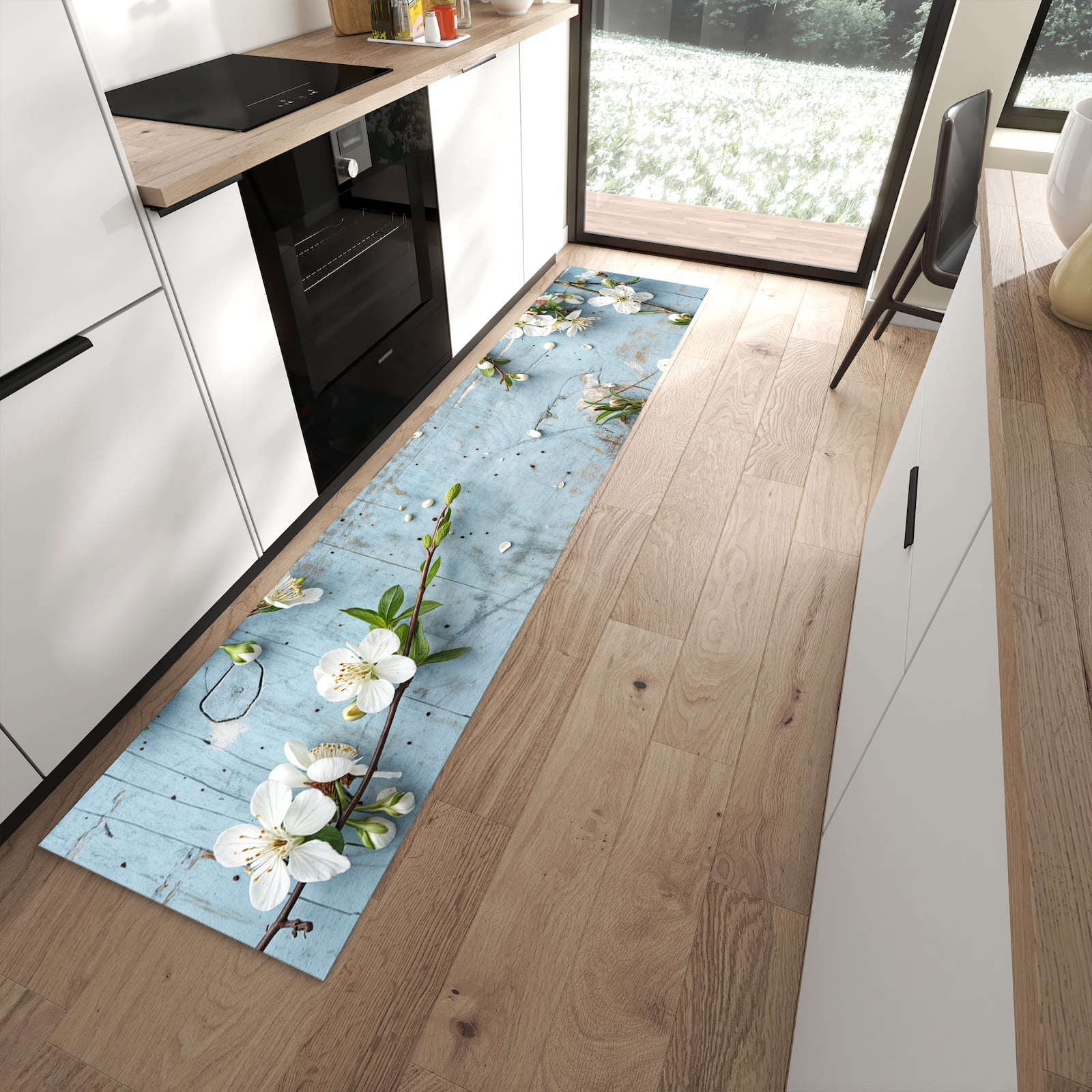 Waschbarer Küchenläufer mit Motiv Frühlingszweige in moderner Küche für sicheres Aufbewahren