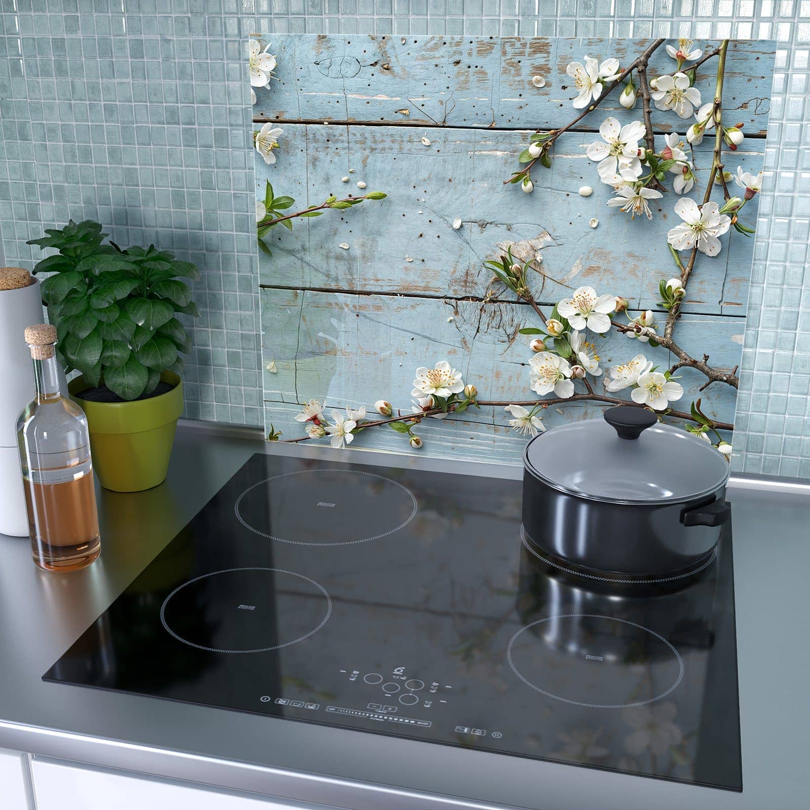 1-teilige Herdabdeckplatten mit Frühlingszweige-Motiv als Spritzschutz hinter dem Kochfeld
