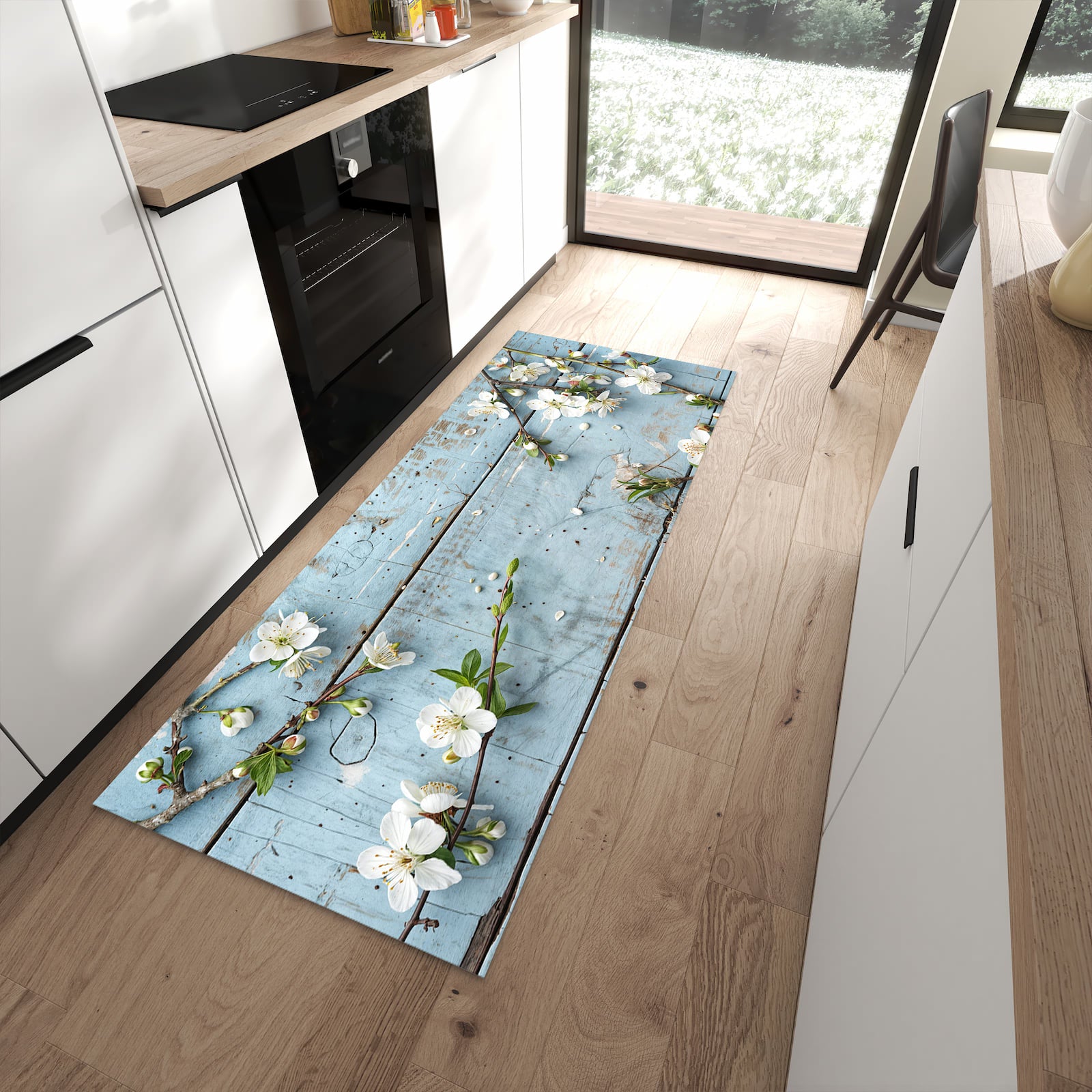 Abriebfester Küchenläufer nach Maß mit Motiv Frühlingszweige in moderner Küche