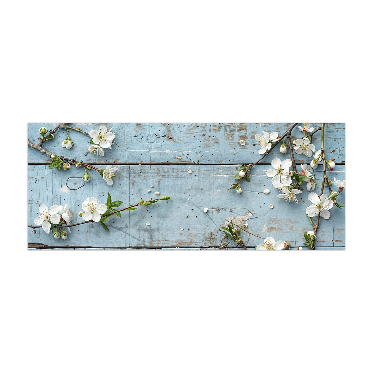 Küchenrückwand aus Glas Blüten auf blauem Holz im Hochformat, Motiv bildfüllend von vorn