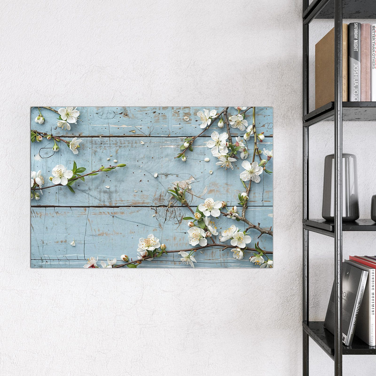 Magnettafel - Blüten auf blauem Holz – Weiße Blütenzweige auf hellblauem Holz