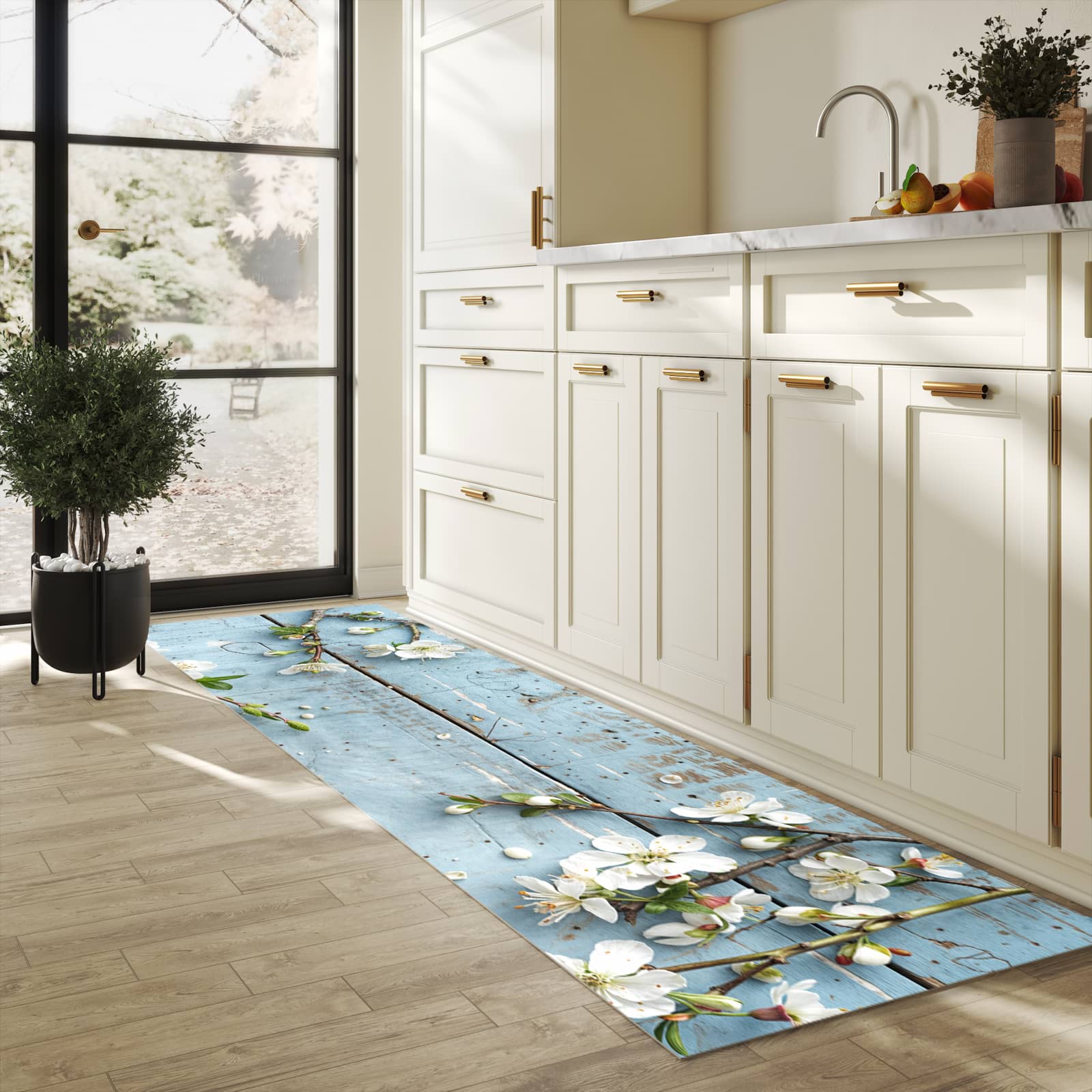 Flacher rutschfester Küchenläufer mit Motiv Frühlingszweige in heller Küche