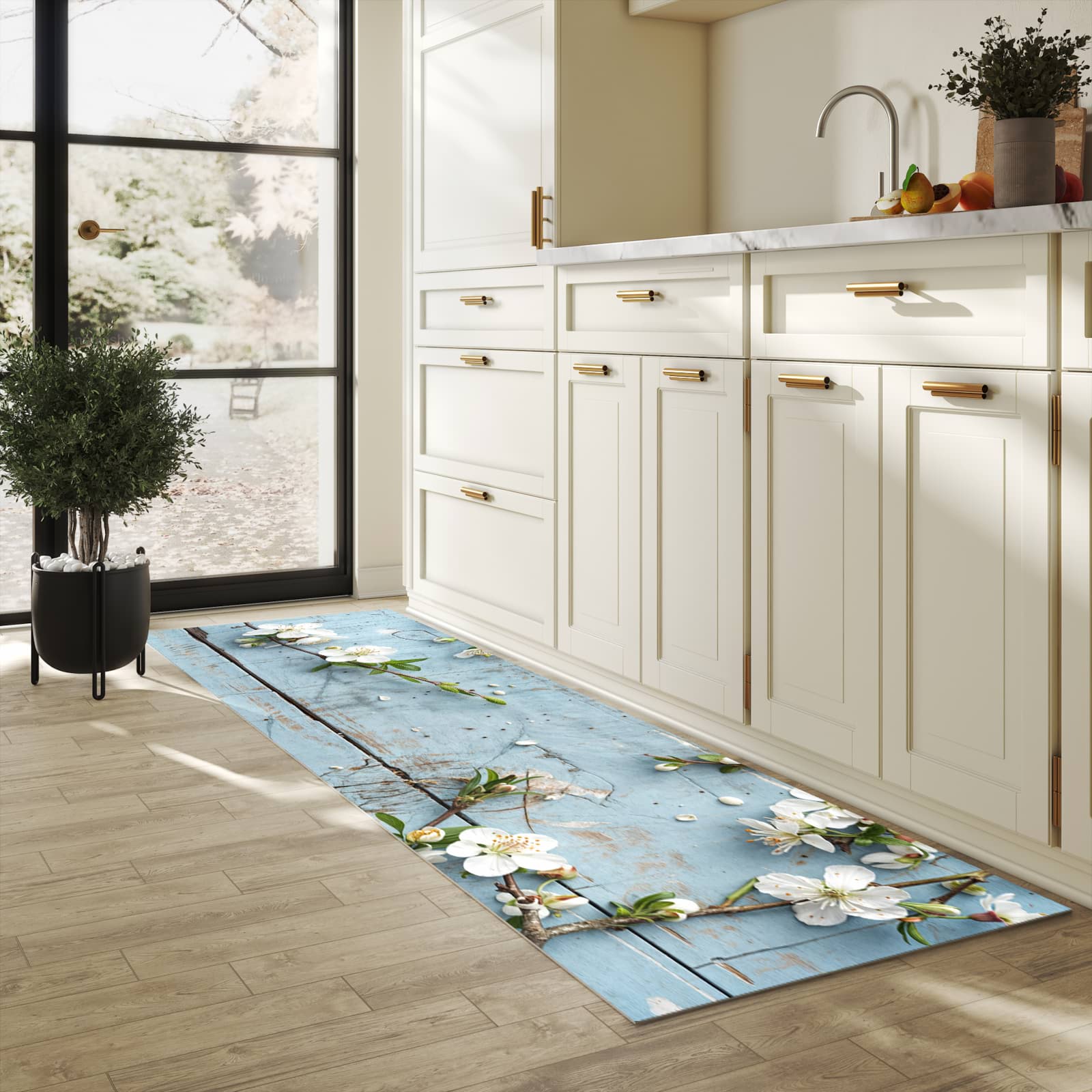 Langlebiger rutschfester Küchenläufer mit Motiv Frühlingszweige in heller Küche
