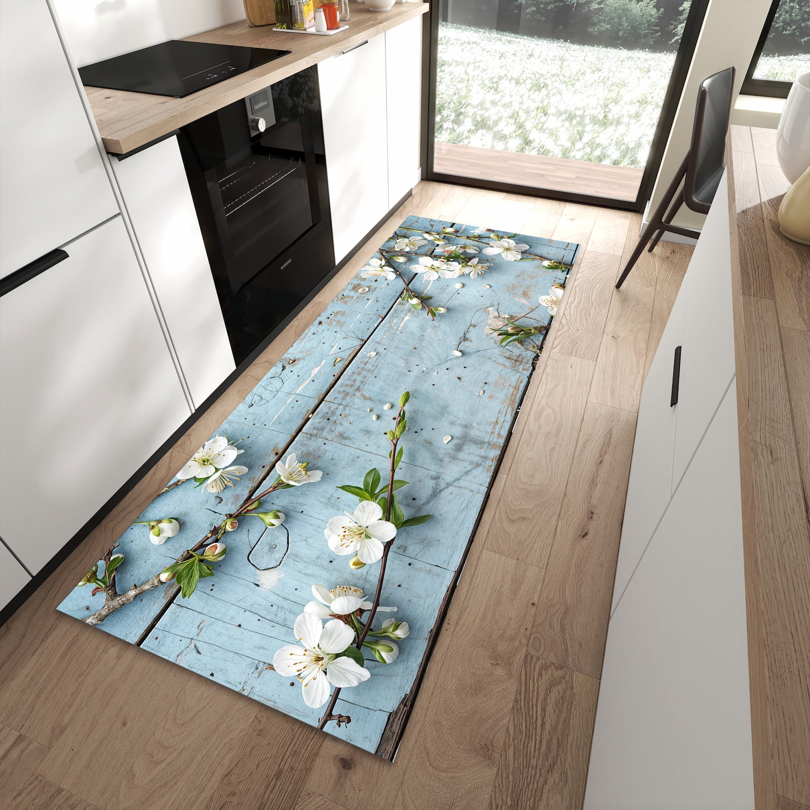 Schmutzabweisender Küchenläufer mit Motiv Frühlingszweige in moderner Küche
