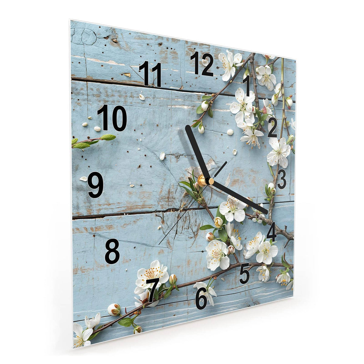 Vormontiert – mit Schwebeeffekt – Wanduhr Frühlingszweige aus Glas – Quadratisch 30 × 30 cm