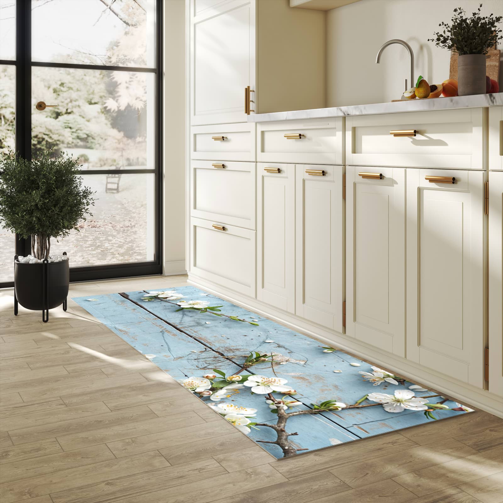 Geruchsneutraler rutschfester Küchenläufer mit Motiv Frühlingszweige in heller Küche