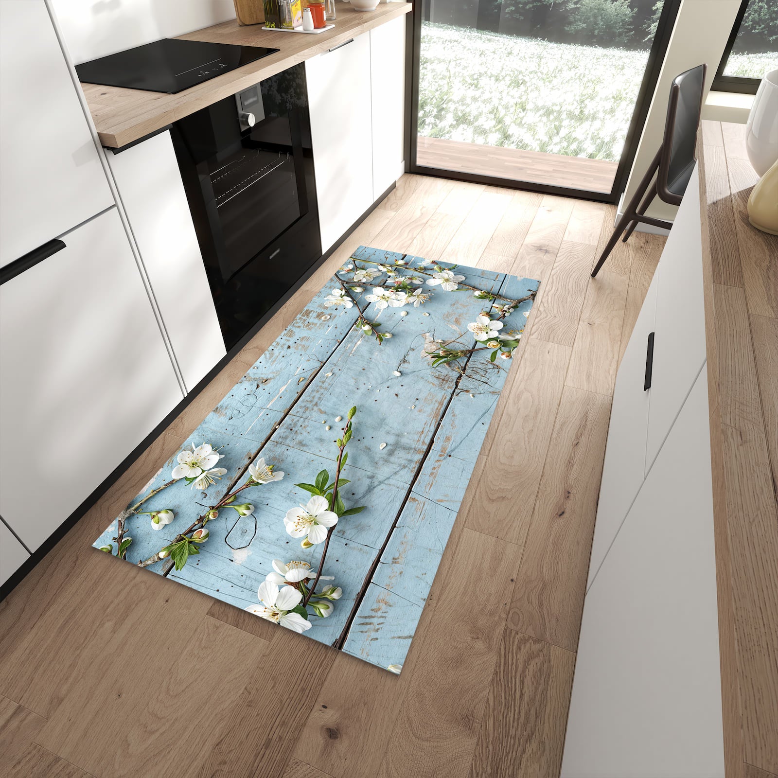 Fleckenresistenter abwaschbarer Küchenteppich mit Motiv Frühlingszweige in moderner Küche