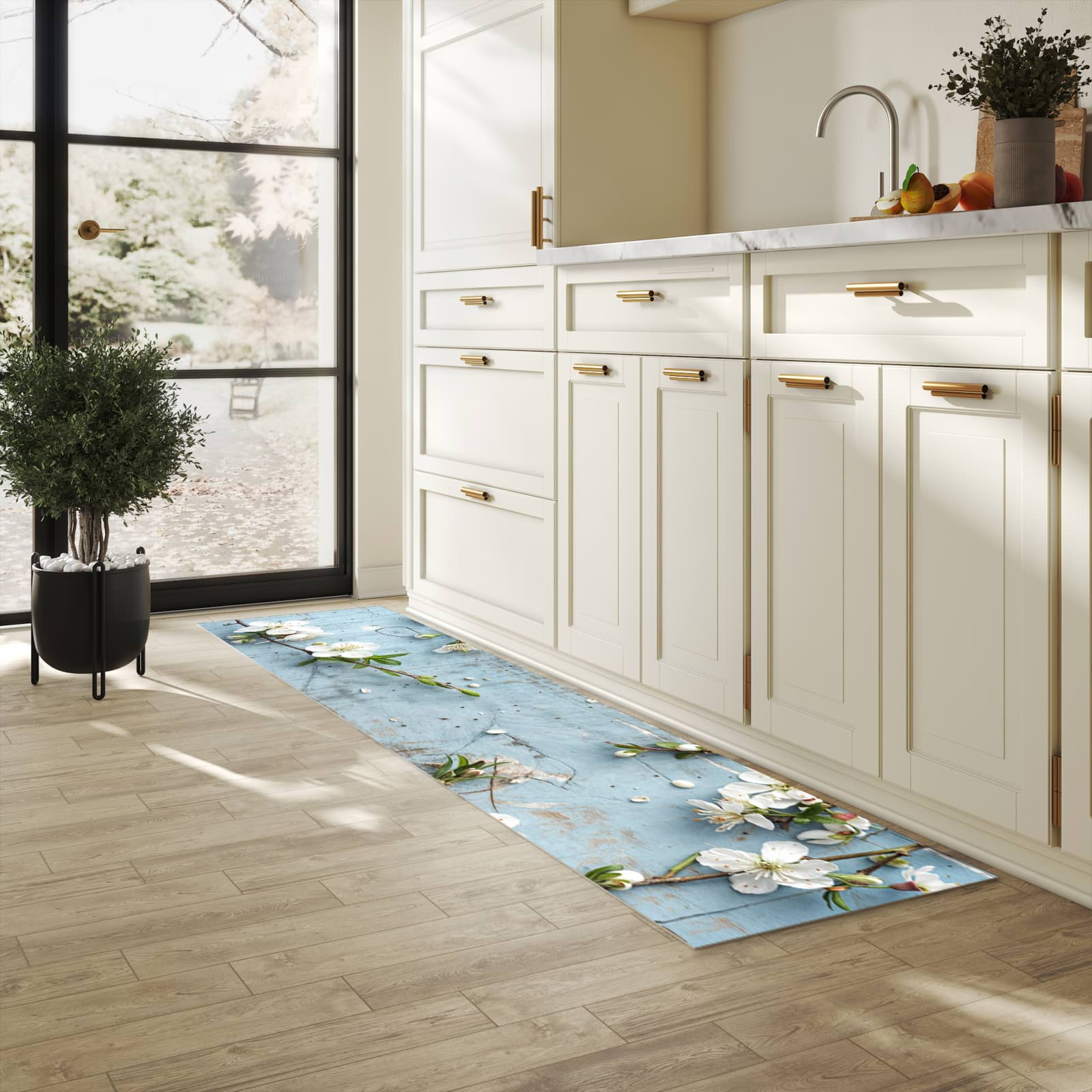 Waschbarer Küchenteppich mit Motiv Frühlingszweige für Trittkomfort in heller Küche