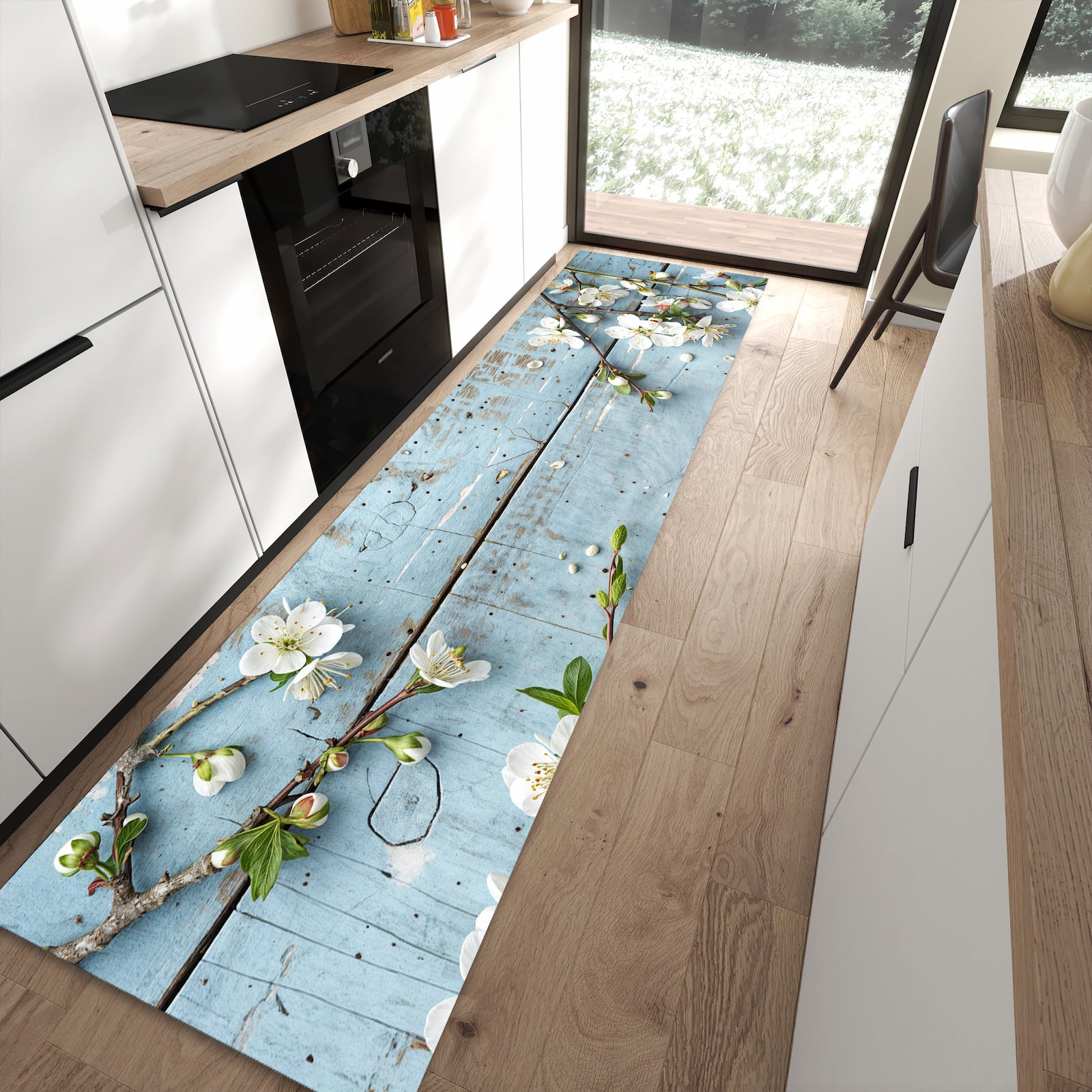 Wasserabweisender Küchenläufer mit Motiv Frühlingszweige in moderner Küche