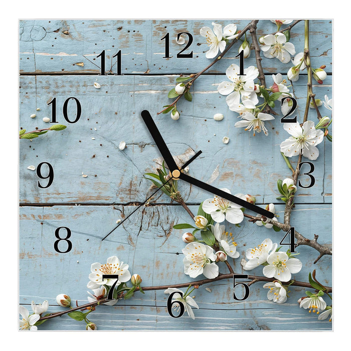 Wanduhr Frühlingszweige aus Glas – Quadratisch 30 × 30 cm mit Ziffernblatt Klassisch