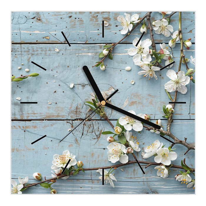 Wanduhr Frühlingszweige aus Glas – Quadratisch 30 × 30 cm mit Ziffernblatt Linie