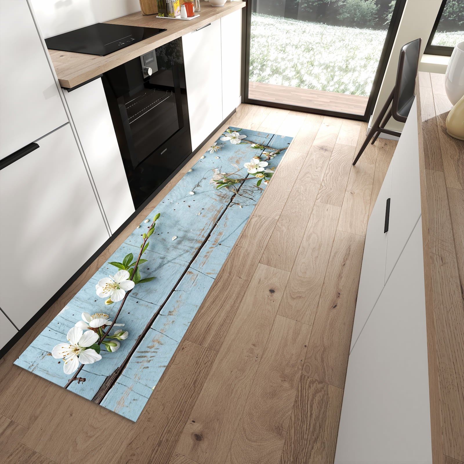 Formstabiler rutschfester Küchenläufer mit Motiv Frühlingszweige in moderner Küche