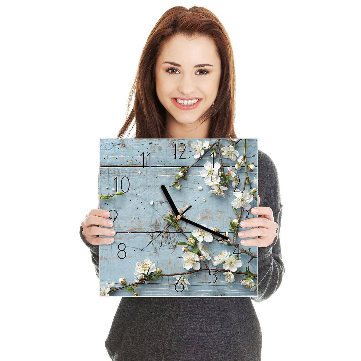 Moderne Wanduhr aus Glas mit Farbtiefe – Wanduhr Frühlingszweige aus Glas – Quadratisch 30 × 30 cm